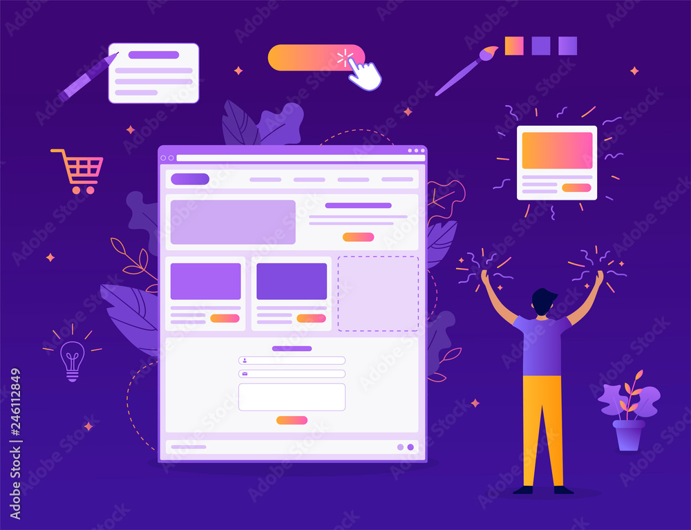 Poster a man creates his own website. it's magic. website builder concept. web development. flat vector ill