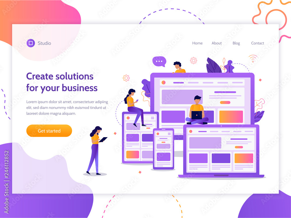 Fototapete Create solutions for your business. Web banner design template. Web development. Flat vector illustration.