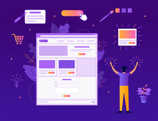 A man creates his own website. It's magic. Website builder concept. Web development. Flat vector illustration.