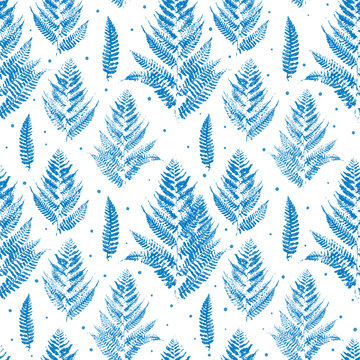 Seamless pattern with blue fern leaves