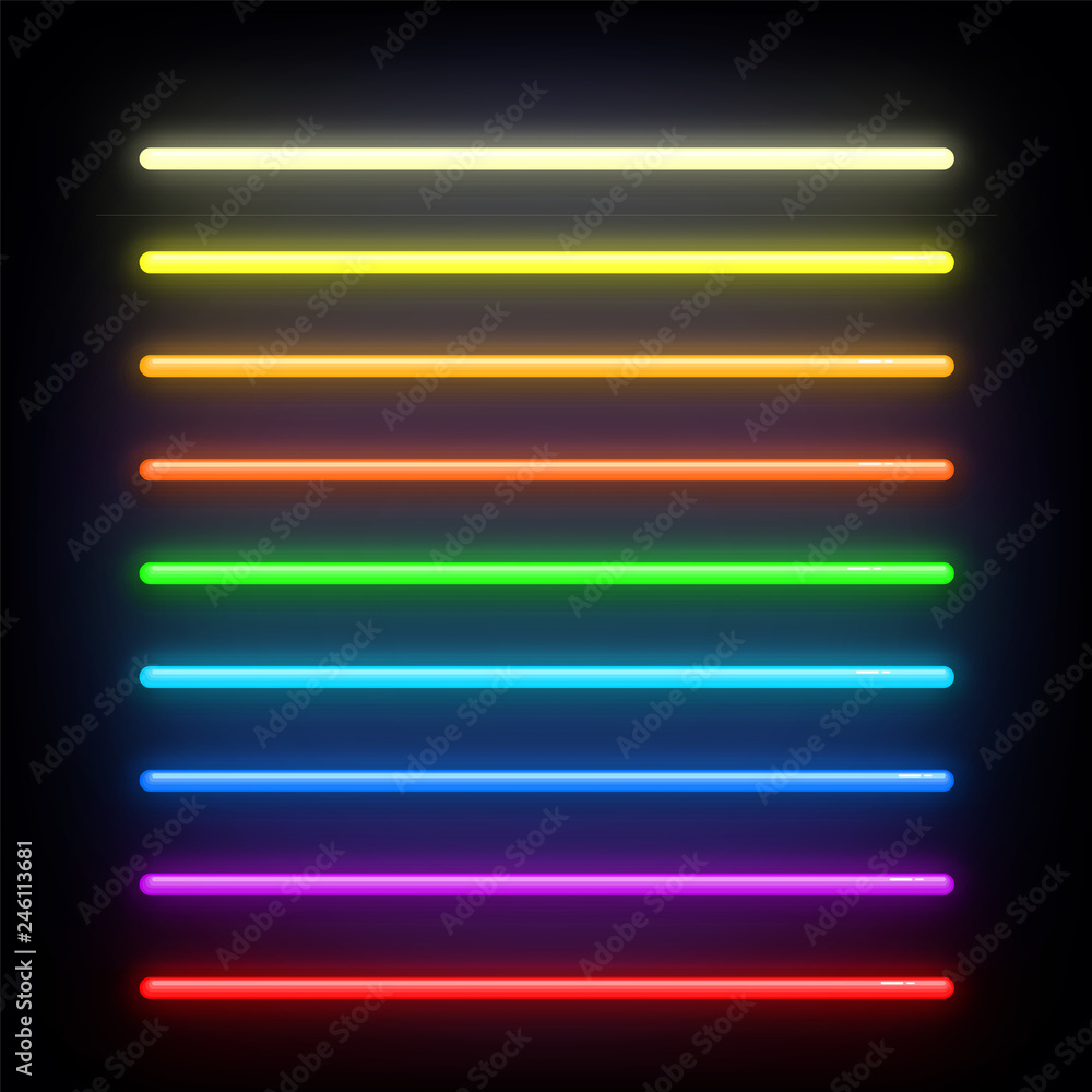 Poster neon brushes set. set of colorful light objects on dark background. neon light sign. multicolored sh