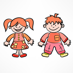 Happy color cartoon boy and girl. Figures of funny characters