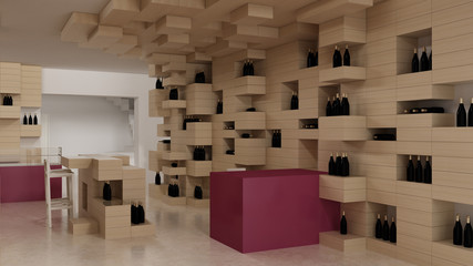 Interior of modern wine shop, design template, commercial space, wooden exposition, minimalist architecture with marble floor and purple colored details