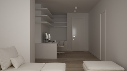 Small apartment with parquet floor, home workplace with corner desk in white living room, office in minimalist style, modern architecture concept