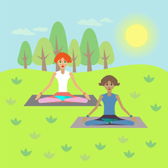 girls practice yoga in nature. vector illustration.