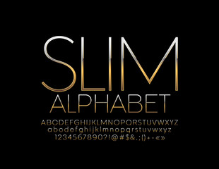 Vector Slim Golden Alphabet. Elegant thin Font. Luxury Letters, Numbers and Symbols.
