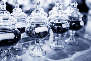 Toned BW photo of degustation tea in the store