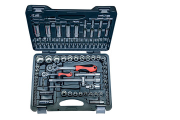 set of chrome heads and holders in a red box isolated on white background.