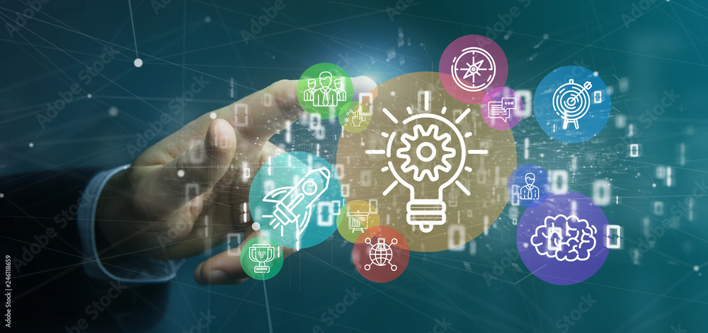 Poster cloud of colorfull start up icon bubble with data businessman holding a binary 3d rendering