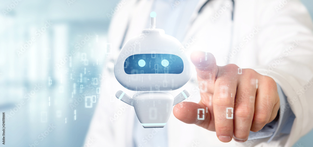 Poster doctor holding chatbot with binary code 3d rendering