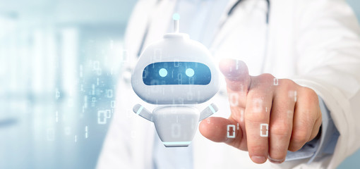 Doctor holding Chatbot with binary code 3d rendering - obrazy, fototapety, plakaty