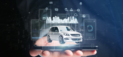 Businessman holding Dashboard smartcar interface with multimedia icon and city map on a background 3d rendering