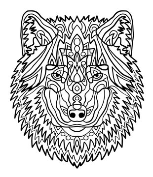 Portrait of a wolf. Hand drawn patterns for coloring. Freehand sketch drawing for adult antistress coloring book in zentangle style. Collection of animals.