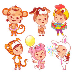 Cute little baby wear carnival costumes. Kindergarten masquerade. Preschool kids as animals. Mask of monkey, dog, rooster, tiger, pig, rabbit, puppy. Girls and boys play animals. Vector illustration.