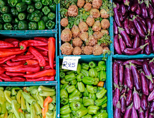 vegetables top view at the market, colorful natural background