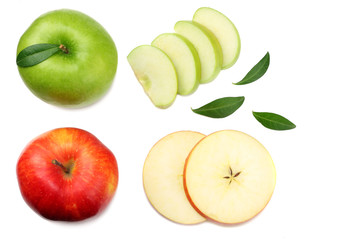 green and red apples with slices isolated on white background. top view