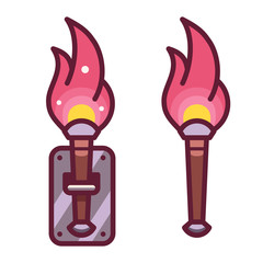 Burning torch fantasy RPG icon. Medieval dungeon light, gaming assets design element isolated on white background.