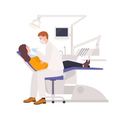 Male dentists examining female patient lying in chair. Dental surgeon treating woman isolated on white background. Medical examination in oral care clinic. Vector illustration in flat cartoon style.
