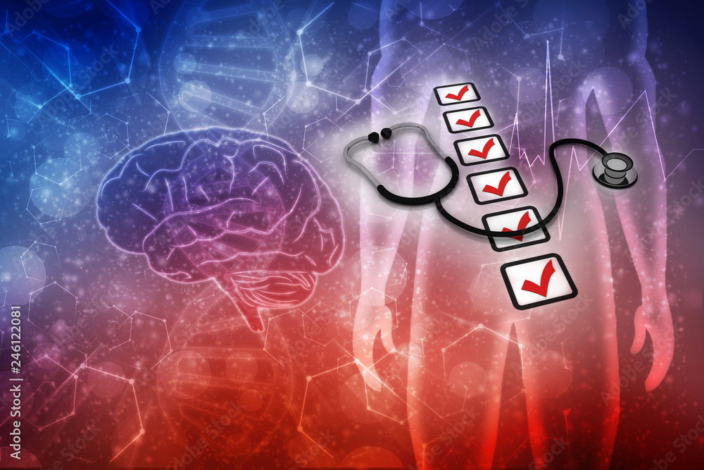 Poster 3d rendering stethoscope with check list