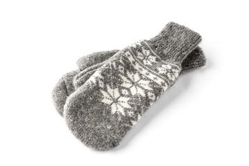Warm mittens isolated on white background.