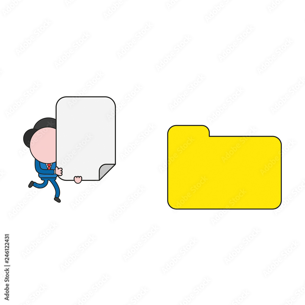 Poster vector businessman character running and carrying blank paper to closed file folder. color and black