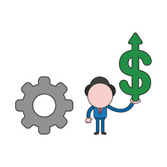 Vector businessman character with gear and holding dollar arrow moving up. Color and black outlines.