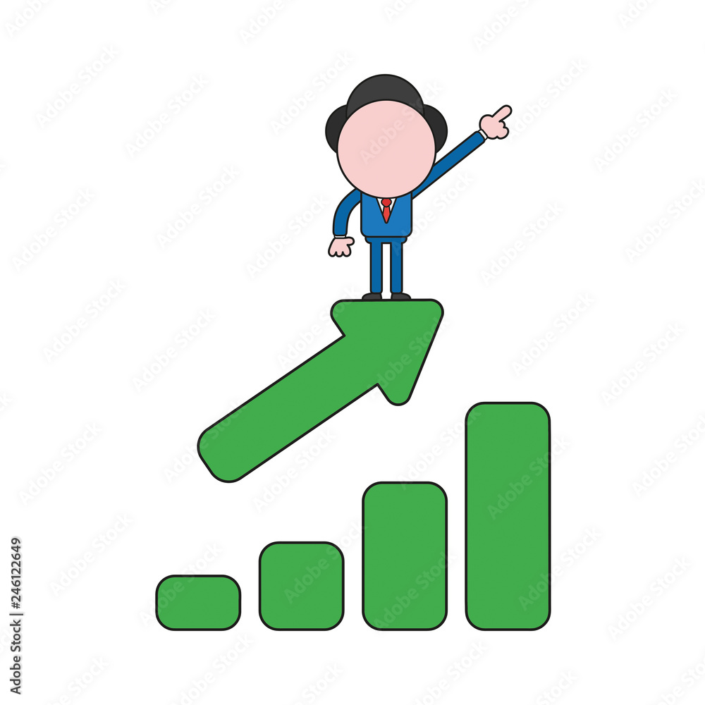 Poster vector businessman character pointing up and standing on sales chart arrow moving up. color and blac