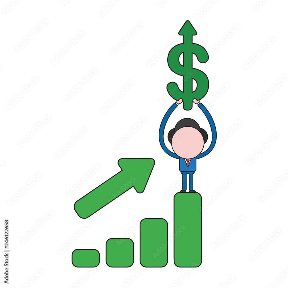 Poster vector businessman character standing on sales bar chart moving up and holding up dollar with arrow 