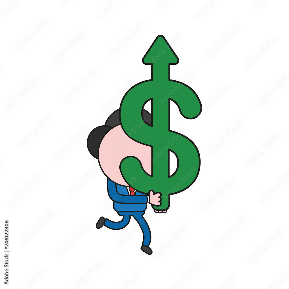 Poster vector businessman character running and carrying dollar symbol with arrow moving up. color and blac