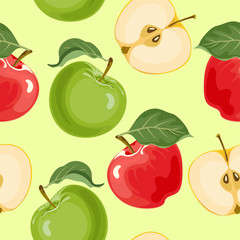 Apples seamless pattern on light green background. Vector illustration of ripe fruit whole and sliced in cartoon flat style.