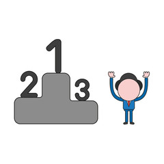 Obraz premium Vector businessman character with first, second and third places on winners podium. Color and black outlines.