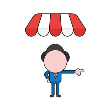 Vector businessman character under shop store awning and pointing. Color and black outlines.