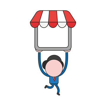 Vector businessman character running and carrying shop store. Color and black outlines.