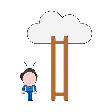 recommend clip art: Vector businessman character looking wooden ladder with missing steps to reach cloud. Color and black outlines.
