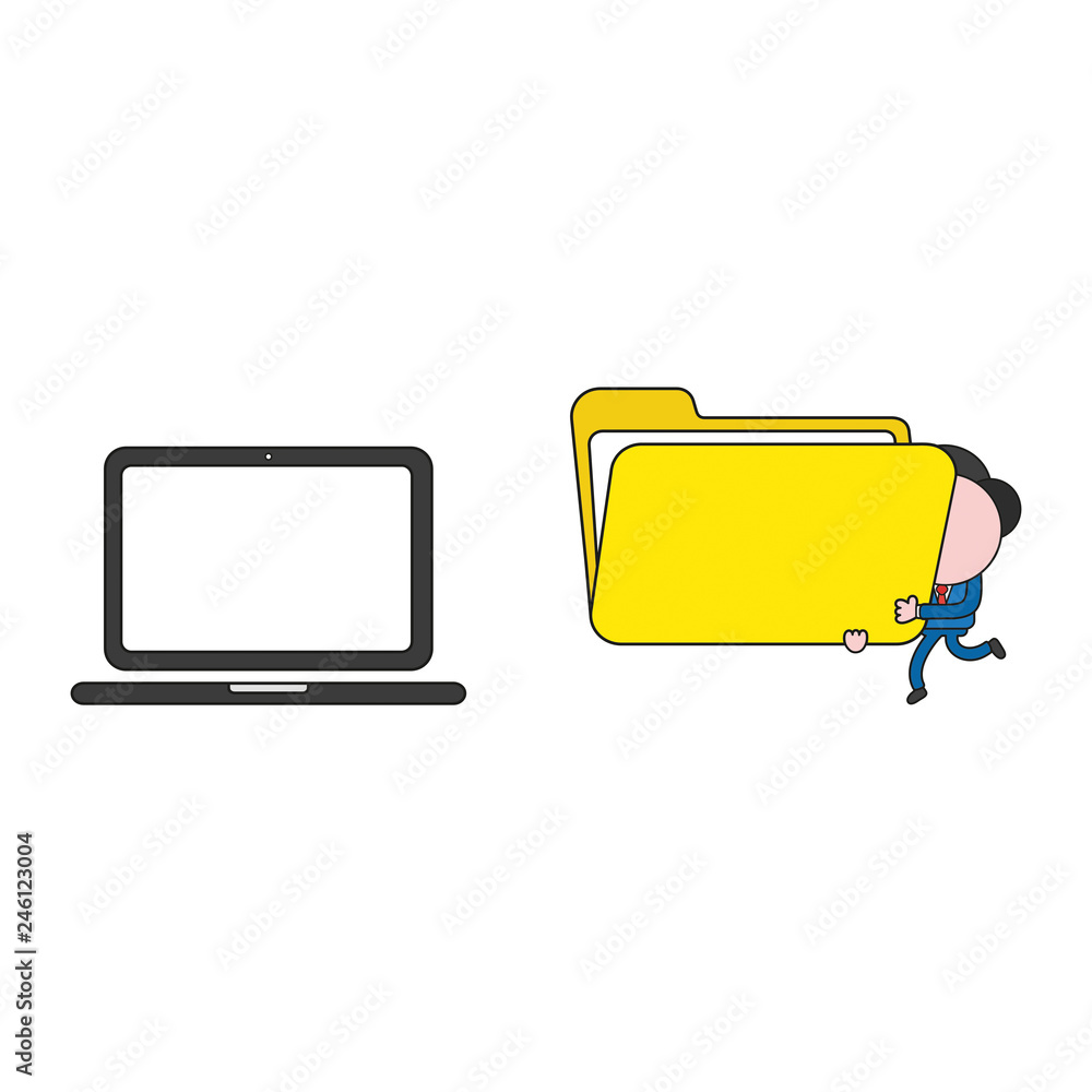Poster vector businessman character walking and carrying open file folder to laptop computer. color and bla
