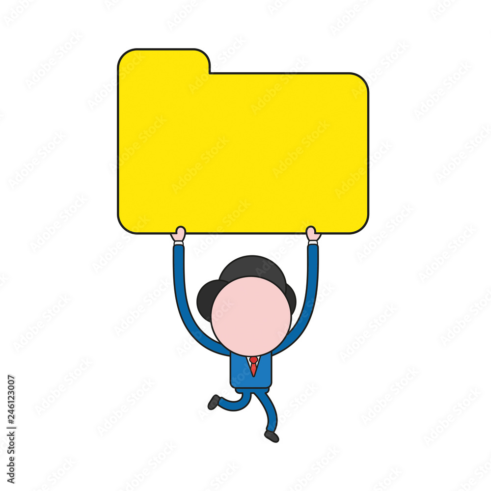 Poster vector businessman character running and carrying closed file folder. color and black outlines.