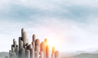 Multiple stone columns with breathtaking landscape