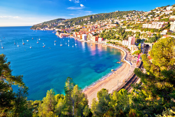 Fototapeta premium Villefranche sur Mer idyllic French riviera town aerial bay view