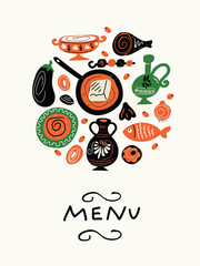 Traditional greek food. Funny hand drawn illustration with food elements in circle. Menu template. Made in vector.