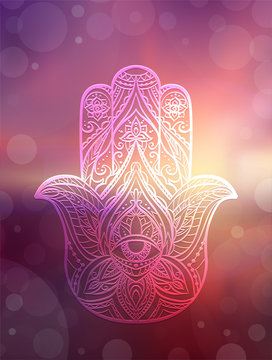 Illustration of Hamsa with boho pattern on blurred sunrise seascape. Buddhas hand. Vector card for your banner, greeting card and your design.  