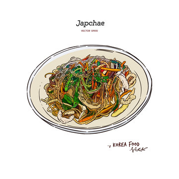 Japchae, Korea Food. Hand draw sketch vector.