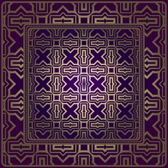 Design Of A Scarf With A Geometric Pattern . For Tablecloth, Fabric, Covers, Scrapbooking, Bandana, Pareo, Shawl. Vector Illustration. Purple, gold color