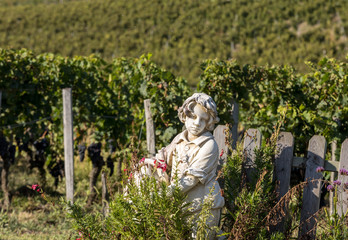 Fototapeta premium Statue of a boy holding a basket with grapes on the background of vineyards in the Saint Emilion region. France