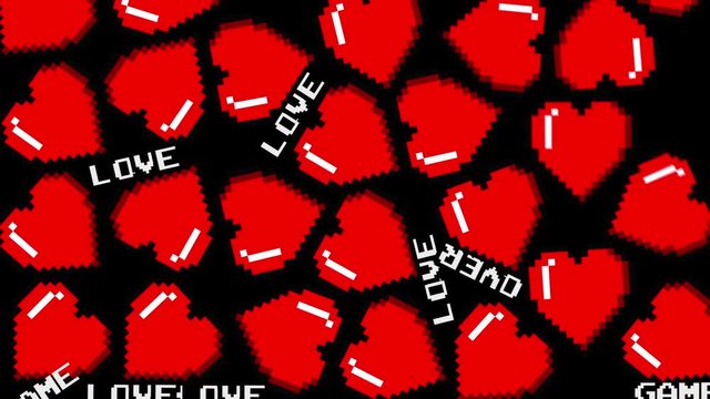 8 bits pixel bouncing hearts animation. Retro arcade video game Valentine&acute;s Day background.