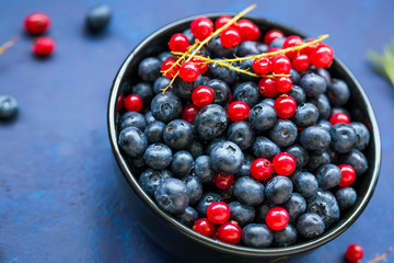 Bowl of healthy organic berries with blueberries and red currants