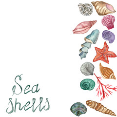 Watercolor vertical banner, with calligraphic inscription, seashells isolated on white background. Hand-painted composition for beautiful design of invitations, greeting cards, posters.