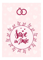 Fototapeta na wymiar Save the Date, lettering. Wedding invitation card. Beautiful template. Floral frame, border. Rings. Vector illustration