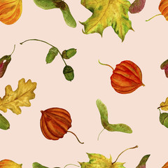 Pattern with autumn leaves on a white background. Perfect for fabrics, wrapping paper, etc. Watercolour illustrations hand painted.