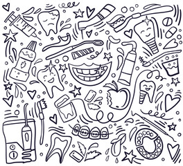 Dental care seamless pattern with handdrawn elements. Stomatology theme.