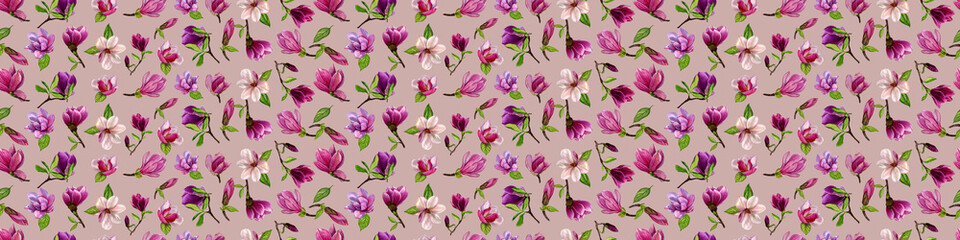 Fototapeta na wymiar Hand painted watercolour. Seamless pattern with magnolia flowers on a coloured background. Perfect for textiles, wrapping paper, background, etc.